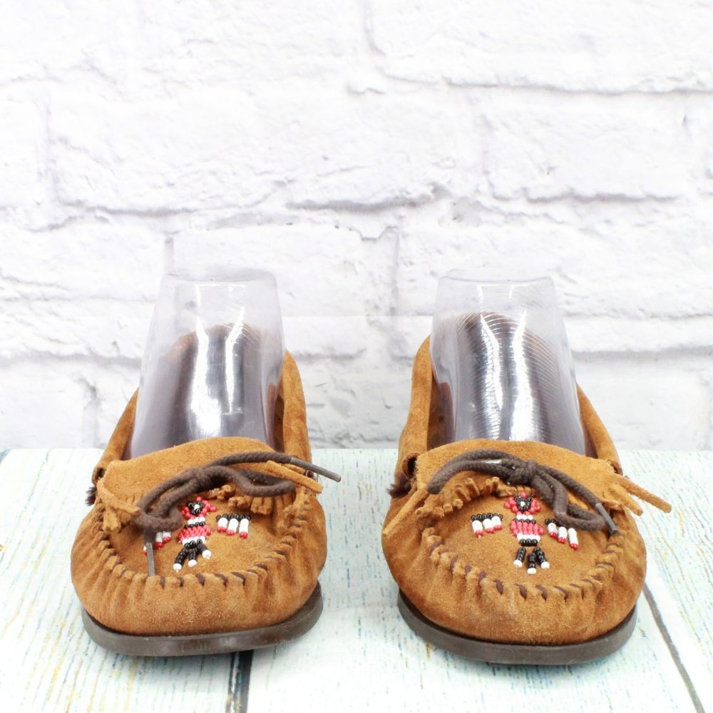 *Minnetonka Thunderbird Brown Suede Slip On Moccasin Flat Boat Shoes Size - Picture 4 of 9